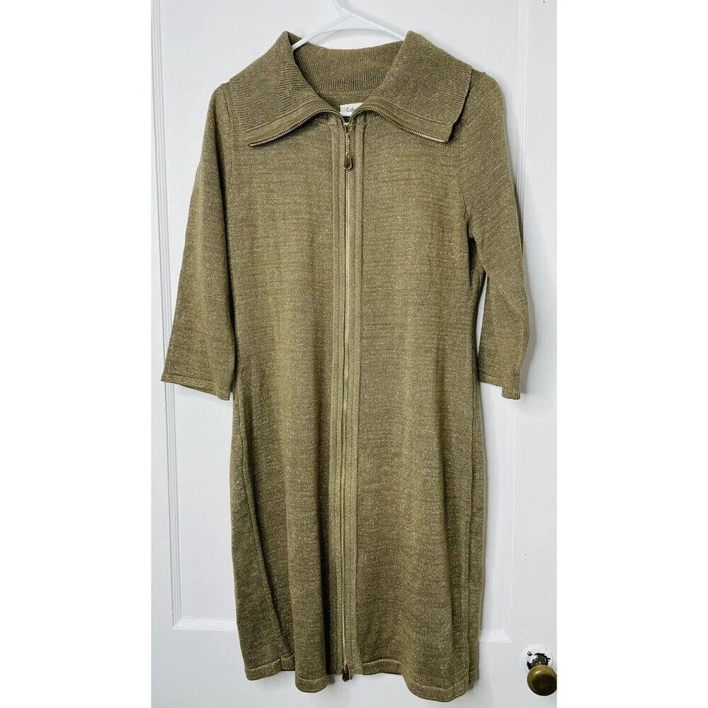 Calvin Klein Womens Sz M Knit Dress Turtle Kneck Gold Metallic Brown Full Zip